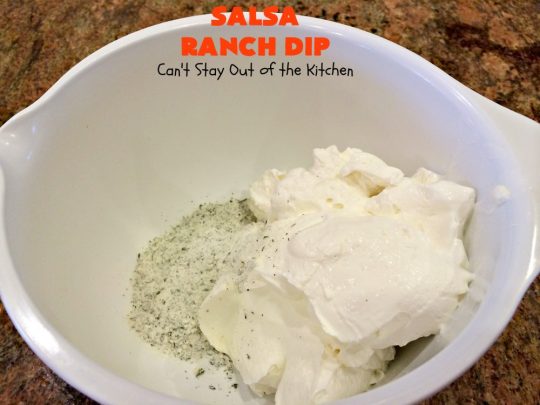 Salsa Ranch Dip | Can't Stay Out of the Kitchen | this fantastic #appetizer has only 5 ingredients. It's quick & easy to make & has delicious #TexMex flavors. Wonderful for #tailgating or #SuperBowl parties, potlucks or #holiday fare like #NewYearsDay. #salsa #GreenChilies #RanchDressingMix #SalsaRanchDip
