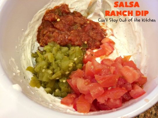 Salsa Ranch Dip | Can't Stay Out of the Kitchen | this fantastic #appetizer has only 5 ingredients. It's quick & easy to make & has delicious #TexMex flavors. Wonderful for #tailgating or #SuperBowl parties, potlucks or #holiday fare like #NewYearsDay. #salsa #GreenChilies #RanchDressingMix #SalsaRanchDip