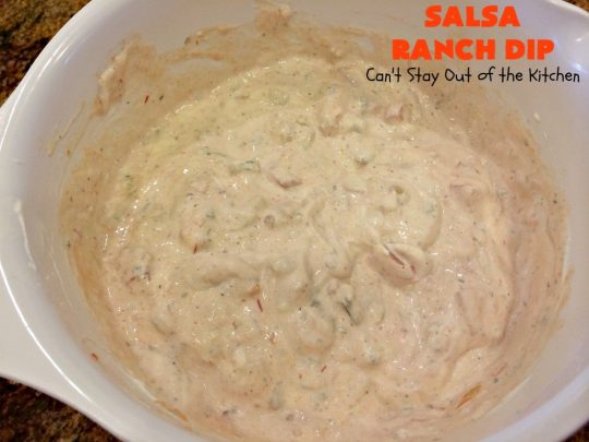 Salsa Ranch Dip | Can't Stay Out of the Kitchen | this fantastic #appetizer has only 5 ingredients. It's quick & easy to make & has delicious #TexMex flavors. Wonderful for #tailgating or #SuperBowl parties, potlucks or #holiday fare like #NewYearsDay. #salsa #GreenChilies #RanchDressingMix #SalsaRanchDip