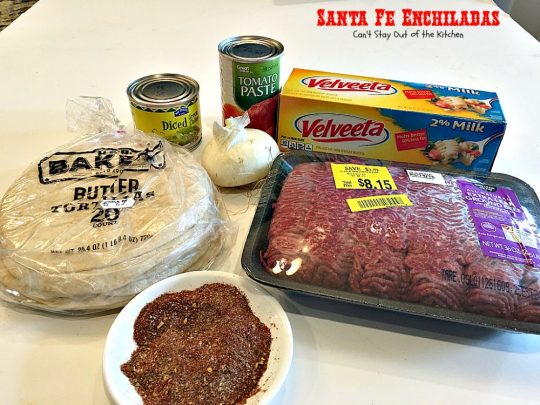 Santa Fe Enchiladas | Can't Stay Out of the Kitchen | these delicious #enchiladas have a #beef filling without beans. Then they're drenched in a cheesy #Velveeta sauce with #greenchilies & topped with more beef sauce. #Tex-Mex