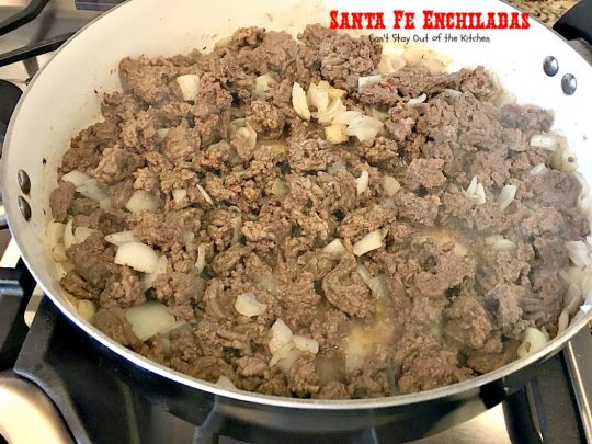Santa Fe Enchiladas | Can't Stay Out of the Kitchen | these delicious #enchiladas have a #beef filling without beans. Then they're drenched in a cheesy #Velveeta sauce with #greenchilies & topped with more beef sauce. #Tex-Mex