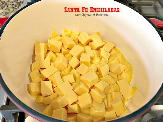 Santa Fe Enchiladas | Can't Stay Out of the Kitchen | these delicious #enchiladas have a #beef filling without beans. Then they're drenched in a cheesy #Velveeta sauce with #greenchilies & topped with more beef sauce. #Tex-Mex