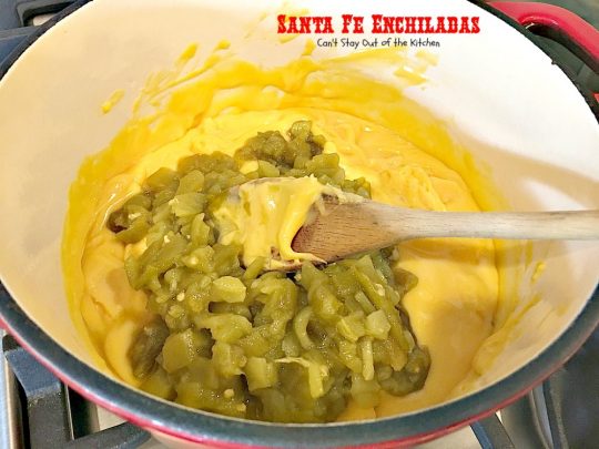 Santa Fe Enchiladas | Can't Stay Out of the Kitchen | these delicious #enchiladas have a #beef filling without beans. Then they're drenched in a cheesy #Velveeta sauce with #greenchilies & topped with more beef sauce. #Tex-Mex