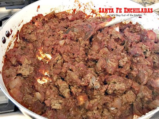 Santa Fe Enchiladas | Can't Stay Out of the Kitchen | these delicious #enchiladas have a #beef filling without beans. Then they're drenched in a cheesy #Velveeta sauce with #greenchilies & topped with more beef sauce. #Tex-Mex