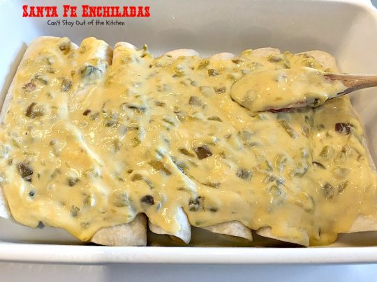 Santa Fe Enchiladas | Can't Stay Out of the Kitchen | these delicious #enchiladas have a #beef filling without beans. Then they're drenched in a cheesy #Velveeta sauce with #greenchilies & topped with more beef sauce. #Tex-Mex