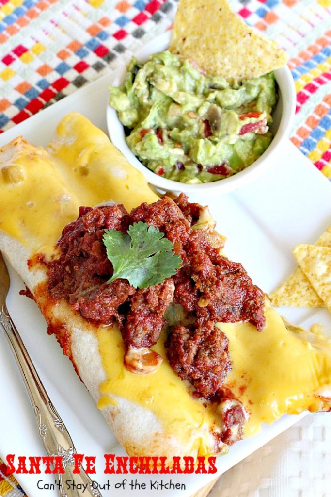 Santa Fe Enchiladas | Can't Stay Out of the Kitchen | these delicious #enchiladas have a #beef filling without beans. Then they're drenched in a cheesy #Velveeta sauce with #greenchilies & topped with more beef sauce. #Tex-Mex