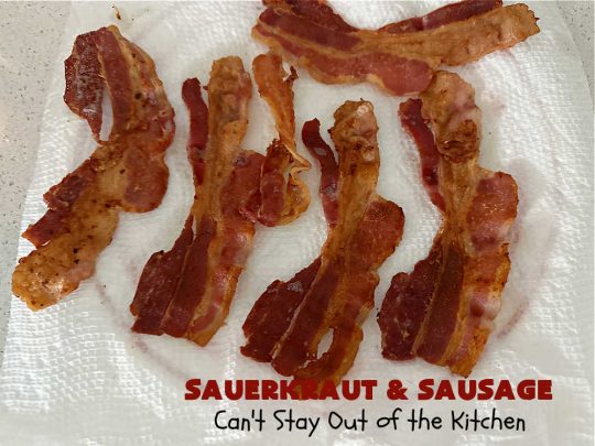 Sauerkraut and Sausage | Can't Stay Out of the Kitchen | this easy #MainDish #recipe is a great option for busy weeknight dinners. You'll enjoy the savory #pork flavors which include both #bacon & #kielbasa. Apples, #potatoes, #sauerkraut & #CarawaySeeds finish off this fantastic #SauerkrautAndSausage #entree. The savory & sweet flavors contrast so wonderfully that every bite is irresistible. #GlutenFree