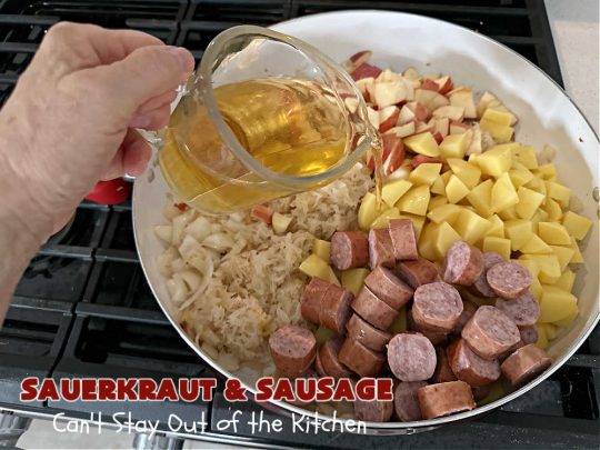 Sauerkraut and Sausage | Can't Stay Out of the Kitchen | this easy #MainDish #recipe is a great option for busy weeknight dinners. You'll enjoy the savory #pork flavors which include both #bacon & #kielbasa. Apples, #potatoes, #sauerkraut & #CarawaySeeds finish off this fantastic #SauerkrautAndSausage #entree. The savory & sweet flavors contrast so wonderfully that every bite is irresistible. #GlutenFree