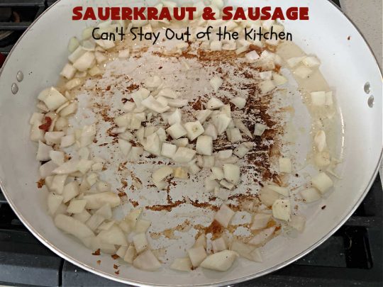 Sauerkraut and Sausage | Can't Stay Out of the Kitchen | this easy #MainDish #recipe is a great option for busy weeknight dinners. You'll enjoy the savory #pork flavors which include both #bacon & #kielbasa. Apples, #potatoes, #sauerkraut & #CarawaySeeds finish off this fantastic #SauerkrautAndSausage #entree. The savory & sweet flavors contrast so wonderfully that every bite is irresistible. #GlutenFree