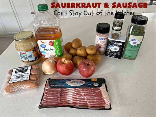 Sauerkraut and Sausage | Can't Stay Out of the Kitchen | this easy #MainDish #recipe is a great option for busy weeknight dinners. You'll enjoy the savory #pork flavors which include both #bacon & #kielbasa. Apples, #potatoes, #sauerkraut & #CarawaySeeds finish off this fantastic #SauerkrautAndSausage #entree. The savory & sweet flavors contrast so wonderfully that every bite is irresistible. #GlutenFree