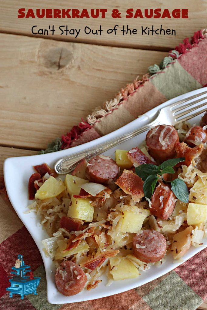 Sauerkraut and Sausage | Can't Stay Out of the Kitchen | this easy #MainDish #recipe is a great option for busy weeknight dinners. You'll enjoy the savory #pork flavors which include both #bacon & #kielbasa. Apples, #potatoes, #sauerkraut & #CarawaySeeds finish off this fantastic #SauerkrautAndSausage #entree. The savory & sweet flavors contrast so wonderfully that every bite is irresistible. #GlutenFree