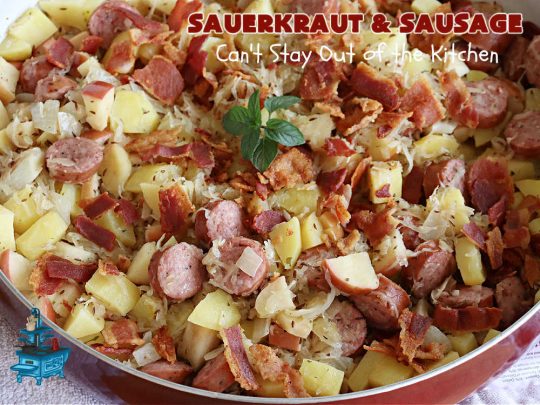 Sauerkraut and Sausage | Can't Stay Out of the Kitchen | this easy #MainDish #recipe is a great option for busy weeknight dinners. You'll enjoy the savory #pork flavors which include both #bacon & #kielbasa. Apples, #potatoes, #sauerkraut & #CarawaySeeds finish off this fantastic #SauerkrautAndSausage #entree. The savory & sweet flavors contrast so wonderfully that every bite is irresistible. #GlutenFree