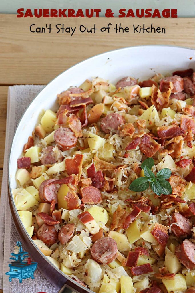 Sauerkraut and Sausage | Can't Stay Out of the Kitchen | this easy #MainDish #recipe is a great option for busy weeknight dinners. You'll enjoy the savory #pork flavors which include both #bacon & #kielbasa. Apples, #potatoes, #sauerkraut & #CarawaySeeds finish off this fantastic #SauerkrautAndSausage #entree. The savory & sweet flavors contrast so wonderfully that every bite is irresistible. #GlutenFree