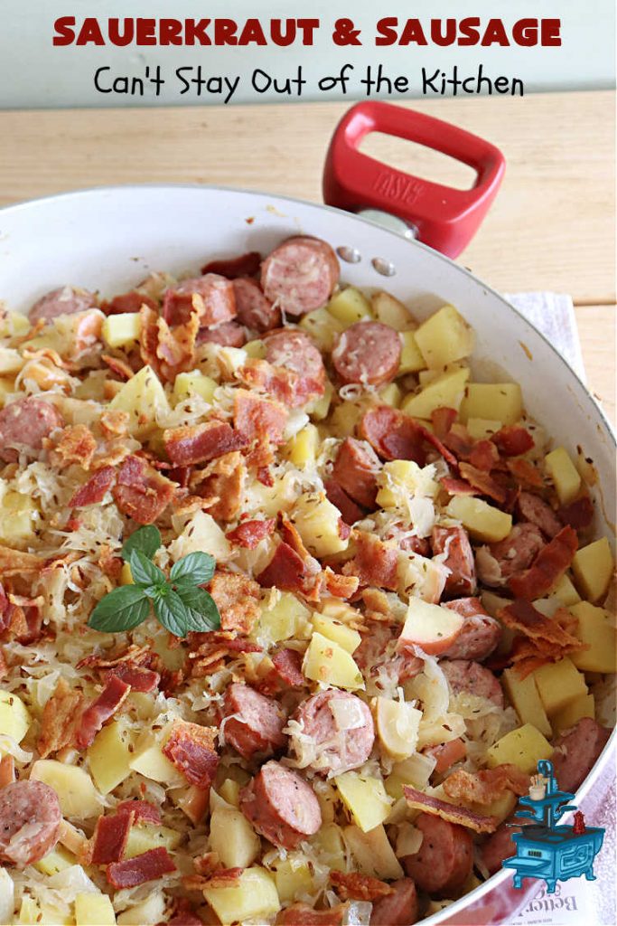 Sauerkraut and Sausage | Can't Stay Out of the Kitchen | this easy #MainDish #recipe is a great option for busy weeknight dinners. You'll enjoy the savory #pork flavors which include both #bacon & #kielbasa. Apples, #potatoes, #sauerkraut & #CarawaySeeds finish off this fantastic #SauerkrautAndSausage #entree. The savory & sweet flavors contrast so wonderfully that every bite is irresistible. #GlutenFree Sauerkraut and Sausage | Can't Stay Out of the Kitchen | this easy #MainDish #recipe is a great option for busy weeknight dinners. You'll enjoy the savory #pork flavors which include both #bacon & #kielbasa. Apples, #potatoes, #sauerkraut & #CarawaySeeds finish off this fantastic #SauerkrautAndSausage #entree. The savory & sweet flavors contrast so wonderfully that every bite is irresistible. #GlutenFree
