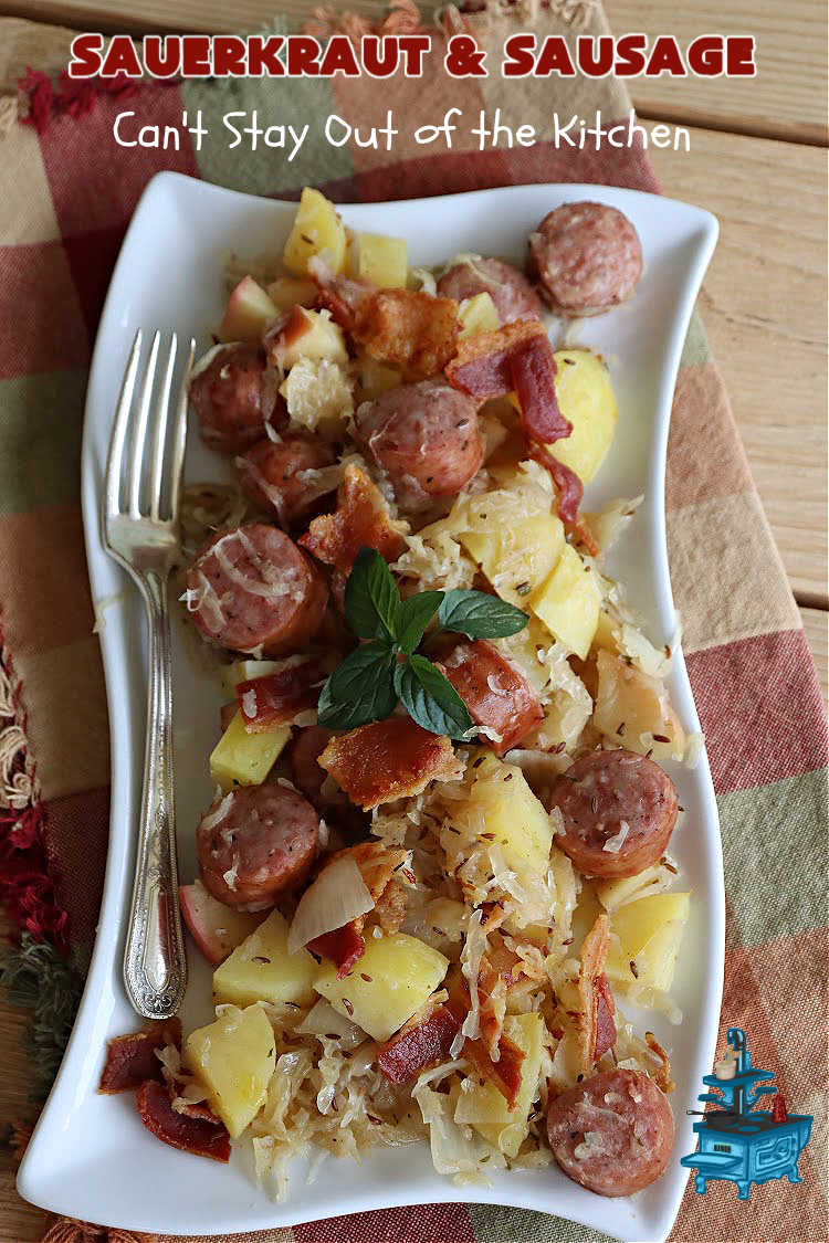 Sauerkraut and Sausage | Can't Stay Out of the Kitchen | this easy #MainDish #recipe is a great option for busy weeknight dinners. You'll enjoy the savory #pork flavors which include both #bacon & #kielbasa. Apples, #potatoes, #sauerkraut & #CarawaySeeds finish off this fantastic #SauerkrautAndSausage #entree. The savory & sweet flavors contrast so wonderfully that every bite is irresistible. #GlutenFree