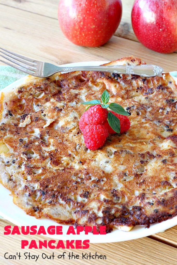 Sausage Apple Pancakes | Can't Stay Out of the Kitchen | these fantastic #ButtermilkPancakes include #sausage & sauteed #apples. They are so delicious, so hearty, so filling & so satisfying that your family will want these on your regular #breakfast menu. We served them to company for dinner! Terrific for #holidays like #Thanksgiving or #Christmas. #pork #pancakes #HolidayBreakfast #SausageApplePancakes