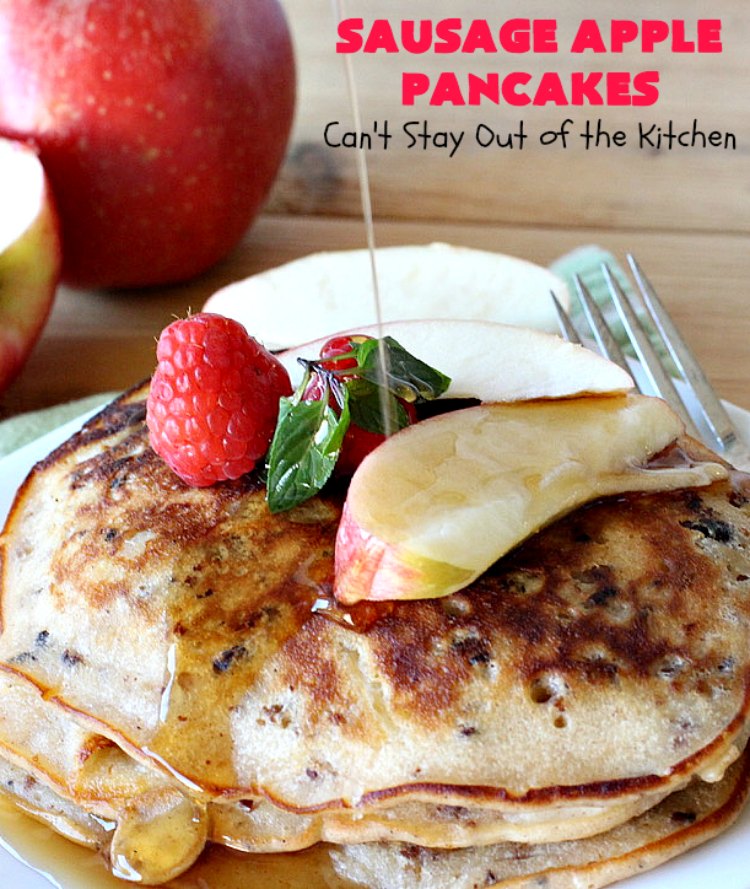 Sausage Apple Pancakes | Can't Stay Out of the Kitchen | these fantastic #ButtermilkPancakes include #sausage & sauteed #apples. They are so delicious, so hearty, so filling & so satisfying that your family will want these on your regular #breakfast menu. We served them to company for dinner! Terrific for #holidays like #Thanksgiving or #Christmas. #pork #pancakes #HolidayBreakfast #SausageApplePancakes