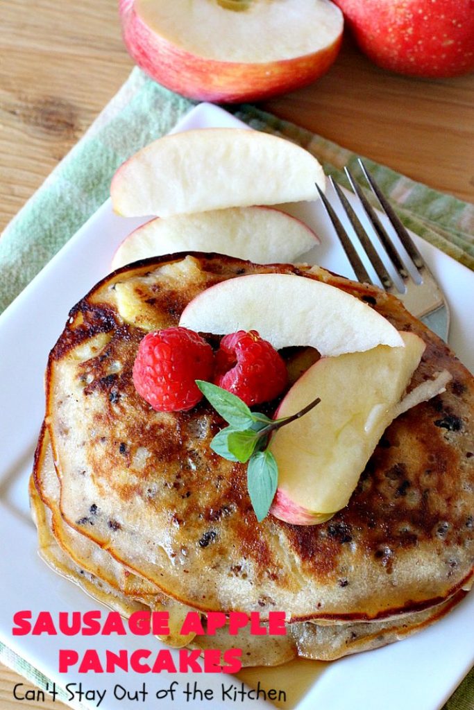 Sausage Apple Pancakes | Can't Stay Out of the Kitchen | these fantastic #ButtermilkPancakes include #sausage & sauteed #apples. They are so delicious, so hearty, so filling & so satisfying that your family will want these on your regular #breakfast menu. We served them to company for dinner! Terrific for #holidays like #Thanksgiving or #Christmas. #pork #pancakes #HolidayBreakfast #SausageApplePancakes