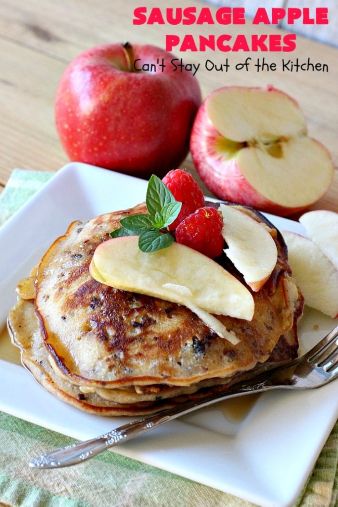 Sausage Apple Pancakes | Can't Stay Out of the Kitchen | these fantastic #ButtermilkPancakes include #sausage & sauteed #apples. They are so delicious, so hearty, so filling & so satisfying that your family will want these on your regular #breakfast menu. We served them to company for dinner! Terrific for #holidays like #Thanksgiving or #Christmas. #pork #pancakes #HolidayBreakfast #SausageApplePancakes