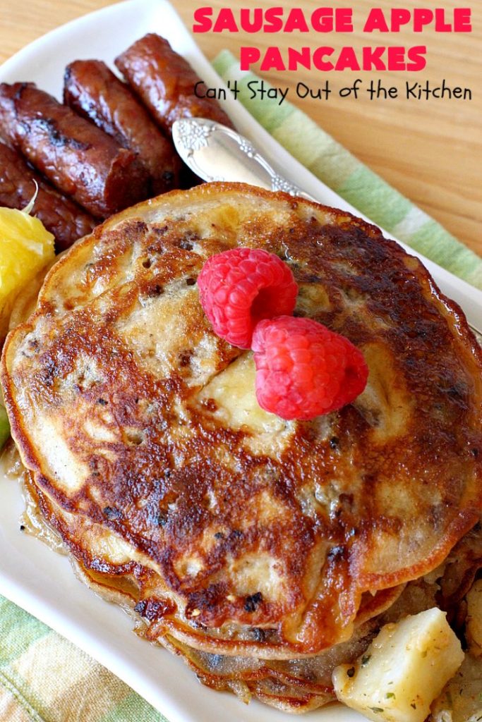 Sausage Apple Pancakes | Can't Stay Out of the Kitchen | these fantastic #ButtermilkPancakes include #sausage & sauteed #apples. They are so delicious, so hearty, so filling & so satisfying that your family will want these on your regular #breakfast menu. We served them to company for dinner! Terrific for #holidays like #Thanksgiving or #Christmas. #pork #pancakes #HolidayBreakfast #SausageApplePancakes