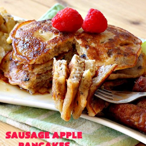 Sausage Apple Pancakes | Can't Stay Out of the Kitchen | these fantastic #ButtermilkPancakes include #sausage & sauteed #apples. They are so delicious, so hearty, so filling & so satisfying that your family will want these on your regular #breakfast menu. We served them to company for dinner! Terrific for #holidays like #Thanksgiving or #Christmas. #pork #pancakes #HolidayBreakfast #SausageApplePancakes