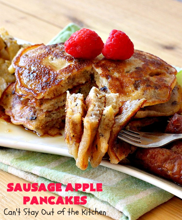 Sausage Apple Pancakes | Can't Stay Out of the Kitchen | these fantastic #ButtermilkPancakes include #sausage & sauteed #apples. They are so delicious, so hearty, so filling & so satisfying that your family will want these on your regular #breakfast menu. We served them to company for dinner! Terrific for #holidays like #Thanksgiving or #Christmas. #pork #pancakes #HolidayBreakfast #SausageApplePancakes