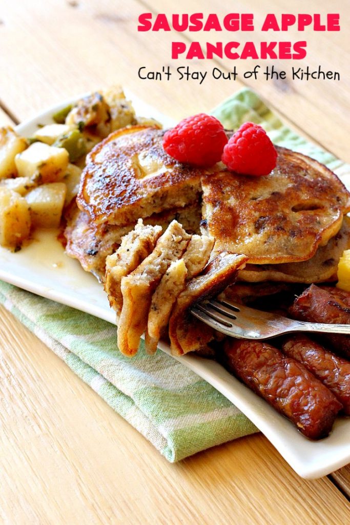 Sausage Apple Pancakes | Can't Stay Out of the Kitchen | these fantastic #ButtermilkPancakes include #sausage & sauteed #apples. They are so delicious, so hearty, so filling & so satisfying that your family will want these on your regular #breakfast menu. We served them to company for dinner! Terrific for #holidays like #Thanksgiving or #Christmas. #pork #pancakes #HolidayBreakfast #SausageApplePancakes