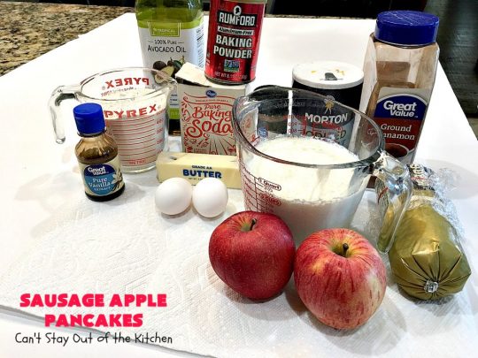 Sausage Apple Pancakes | Can't Stay Out of the Kitchen | these fantastic #ButtermilkPancakes include #sausage & sauteed #apples. They are so delicious, so hearty, so filling & so satisfying that your family will want these on your regular #breakfast menu. We served them to company for dinner! Terrific for #holidays like #Thanksgiving or #Christmas. #pork #pancakes #HolidayBreakfast #SausageApplePancakes