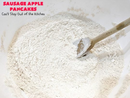 Sausage Apple Pancakes | Can't Stay Out of the Kitchen | these fantastic #ButtermilkPancakes include #sausage & sauteed #apples. They are so delicious, so hearty, so filling & so satisfying that your family will want these on your regular #breakfast menu. We served them to company for dinner! Terrific for #holidays like #Thanksgiving or #Christmas. #pork #pancakes #HolidayBreakfast #SausageApplePancakes