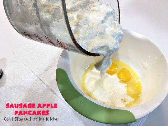 Sausage Apple Pancakes | Can't Stay Out of the Kitchen | these fantastic #ButtermilkPancakes include #sausage & sauteed #apples. They are so delicious, so hearty, so filling & so satisfying that your family will want these on your regular #breakfast menu. We served them to company for dinner! Terrific for #holidays like #Thanksgiving or #Christmas. #pork #pancakes #HolidayBreakfast #SausageApplePancakes