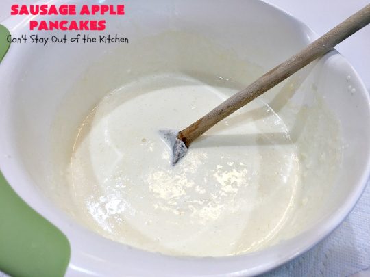 Sausage Apple Pancakes | Can't Stay Out of the Kitchen | these fantastic #ButtermilkPancakes include #sausage & sauteed #apples. They are so delicious, so hearty, so filling & so satisfying that your family will want these on your regular #breakfast menu. We served them to company for dinner! Terrific for #holidays like #Thanksgiving or #Christmas. #pork #pancakes #HolidayBreakfast #SausageApplePancakes