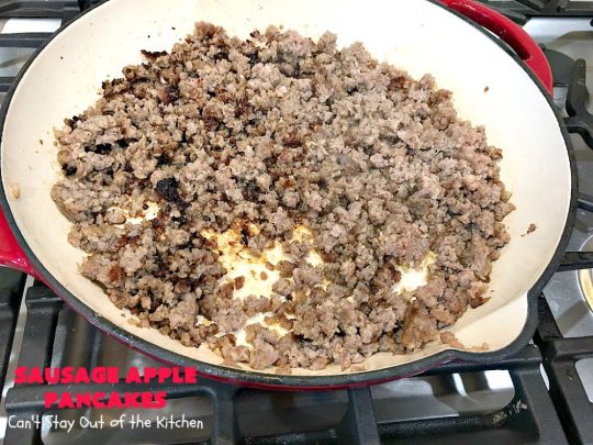 Sausage Apple Pancakes | Can't Stay Out of the Kitchen | these fantastic #ButtermilkPancakes include #sausage & sauteed #apples. They are so delicious, so hearty, so filling & so satisfying that your family will want these on your regular #breakfast menu. We served them to company for dinner! Terrific for #holidays like #Thanksgiving or #Christmas. #pork #pancakes #HolidayBreakfast #SausageApplePancakes
