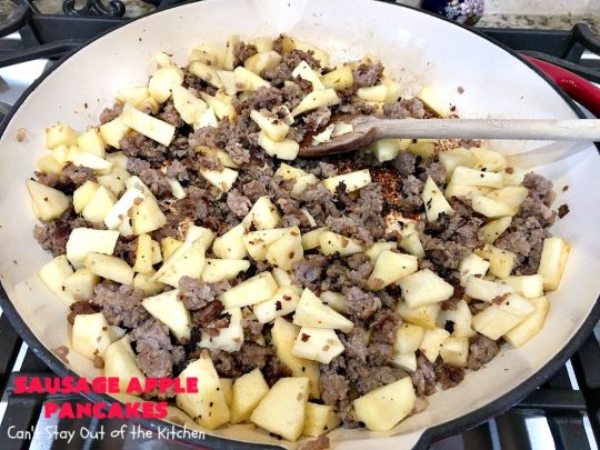 Sausage Apple Pancakes | Can't Stay Out of the Kitchen | these fantastic #ButtermilkPancakes include #sausage & sauteed #apples. They are so delicious, so hearty, so filling & so satisfying that your family will want these on your regular #breakfast menu. We served them to company for dinner! Terrific for #holidays like #Thanksgiving or #Christmas. #pork #pancakes #HolidayBreakfast #SausageApplePancakes