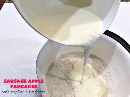 Sausage Apple Pancakes | Can't Stay Out of the Kitchen | these fantastic #ButtermilkPancakes include #sausage & sauteed #apples. They are so delicious, so hearty, so filling & so satisfying that your family will want these on your regular #breakfast menu. We served them to company for dinner! Terrific for #holidays like #Thanksgiving or #Christmas. #pork #pancakes #HolidayBreakfast #SausageApplePancakes