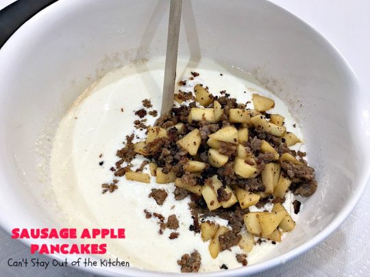 Sausage Apple Pancakes | Can't Stay Out of the Kitchen | these fantastic #ButtermilkPancakes include #sausage & sauteed #apples. They are so delicious, so hearty, so filling & so satisfying that your family will want these on your regular #breakfast menu. We served them to company for dinner! Terrific for #holidays like #Thanksgiving or #Christmas. #pork #pancakes #HolidayBreakfast #SausageApplePancakes