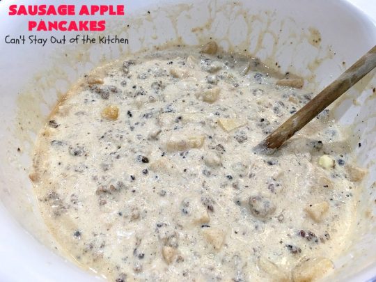 Sausage Apple Pancakes | Can't Stay Out of the Kitchen | these fantastic #ButtermilkPancakes include #sausage & sauteed #apples. They are so delicious, so hearty, so filling & so satisfying that your family will want these on your regular #breakfast menu. We served them to company for dinner! Terrific for #holidays like #Thanksgiving or #Christmas. #pork #pancakes #HolidayBreakfast #SausageApplePancakes