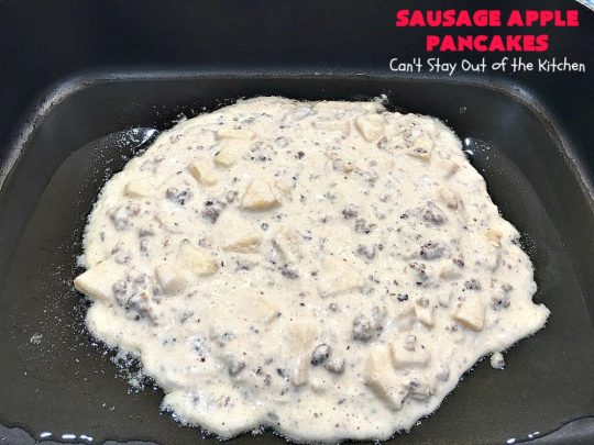 Sausage Apple Pancakes | Can't Stay Out of the Kitchen | these fantastic #ButtermilkPancakes include #sausage & sauteed #apples. They are so delicious, so hearty, so filling & so satisfying that your family will want these on your regular #breakfast menu. We served them to company for dinner! Terrific for #holidays like #Thanksgiving or #Christmas. #pork #pancakes #HolidayBreakfast #SausageApplePancakes