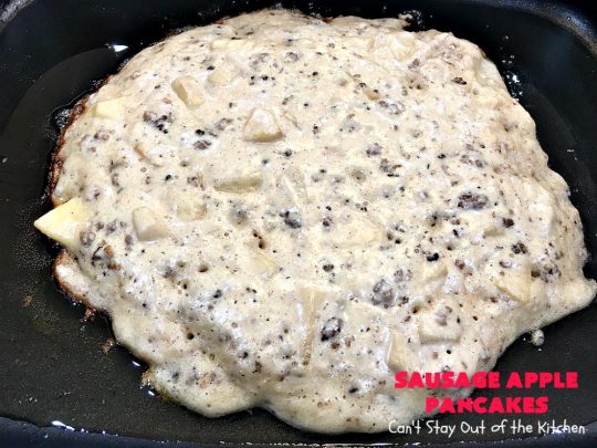Sausage Apple Pancakes | Can't Stay Out of the Kitchen | these fantastic #ButtermilkPancakes include #sausage & sauteed #apples. They are so delicious, so hearty, so filling & so satisfying that your family will want these on your regular #breakfast menu. We served them to company for dinner! Terrific for #holidays like #Thanksgiving or #Christmas. #pork #pancakes #HolidayBreakfast #SausageApplePancakes
