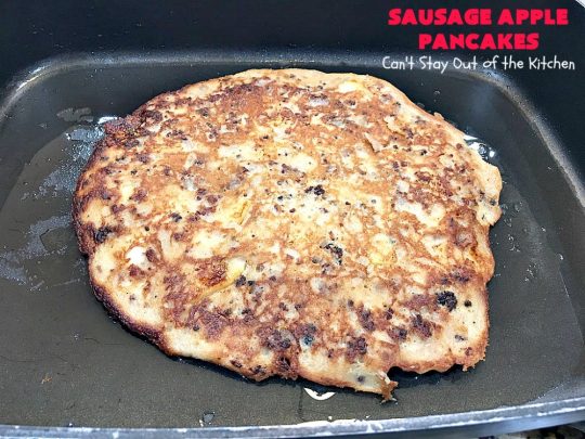 Sausage Apple Pancakes | Can't Stay Out of the Kitchen | these fantastic #ButtermilkPancakes include #sausage & sauteed #apples. They are so delicious, so hearty, so filling & so satisfying that your family will want these on your regular #breakfast menu. We served them to company for dinner! Terrific for #holidays like #Thanksgiving or #Christmas. #pork #pancakes #HolidayBreakfast #SausageApplePancakes