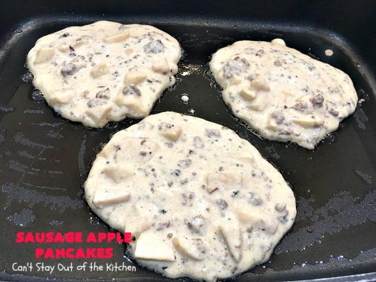 Sausage Apple Pancakes | Can't Stay Out of the Kitchen | these fantastic #ButtermilkPancakes include #sausage & sauteed #apples. They are so delicious, so hearty, so filling & so satisfying that your family will want these on your regular #breakfast menu. We served them to company for dinner! Terrific for #holidays like #Thanksgiving or #Christmas. #pork #pancakes #HolidayBreakfast #SausageApplePancakes
