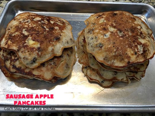 Sausage Apple Pancakes | Can't Stay Out of the Kitchen | these fantastic #ButtermilkPancakes include #sausage & sauteed #apples. They are so delicious, so hearty, so filling & so satisfying that your family will want these on your regular #breakfast menu. We served them to company for dinner! Terrific for #holidays like #Thanksgiving or #Christmas. #pork #pancakes #HolidayBreakfast #SausageApplePancakes