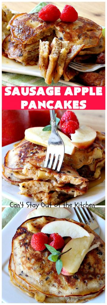 Sausage Apple Pancakes | Can't Stay Out of the Kitchen | these fantastic #ButtermilkPancakes include #sausage & sauteed #apples. They are so delicious, so hearty, so filling & so satisfying that your family will want these on your regular #breakfast menu. We served them to company for dinner! Terrific for #holidays like #Thanksgiving or #Christmas. #pork #pancakes #HolidayBreakfast #SausageApplePancakes