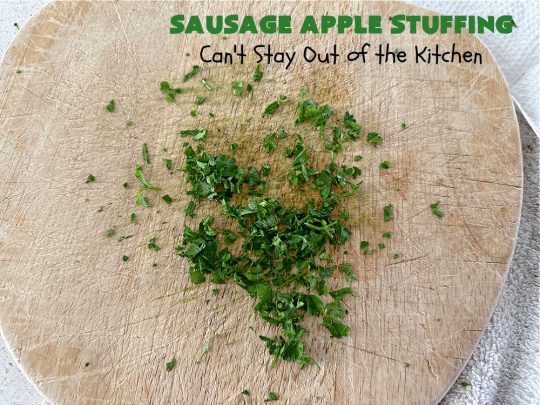 Sausage Apple Stuffing | Can't Stay Out of the Kitchen | this fantastic #stuffing #recipe is based on a #FannyFarmerCookbook recipe. It includes #sausage, #apples, #celery & it's made with a wholesome #EzekielBread. Perfect to serve with #chicken or #Turkey. #pork #Thanksgiving #Christmas #SausageAppleStuffing