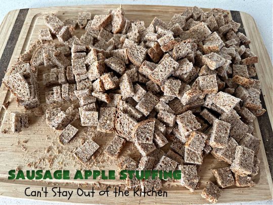 Sausage Apple Stuffing | Can't Stay Out of the Kitchen | this fantastic #stuffing #recipe is based on a #FannyFarmerCookbook recipe. It includes #sausage, #apples, #celery & it's made with a wholesome #EzekielBread. Perfect to serve with #chicken or #Turkey. #pork #Thanksgiving #Christmas #SausageAppleStuffing
