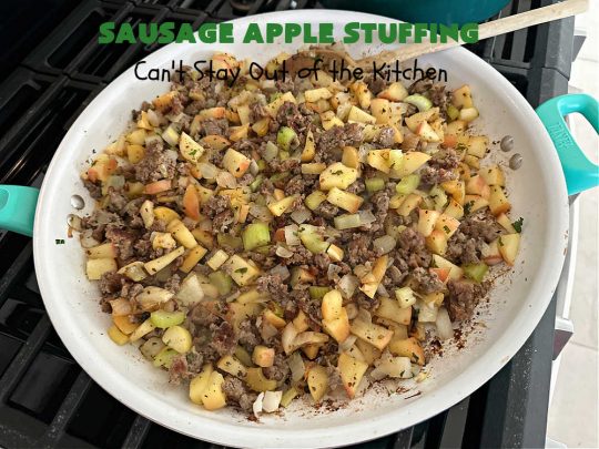 Sausage Apple Stuffing | Can't Stay Out of the Kitchen | this fantastic #stuffing #recipe is based on a #FannyFarmerCookbook recipe. It includes #sausage, #apples, #celery & it's made with a wholesome #EzekielBread. Perfect to serve with #chicken or #Turkey. #pork #Thanksgiving #Christmas #SausageAppleStuffing