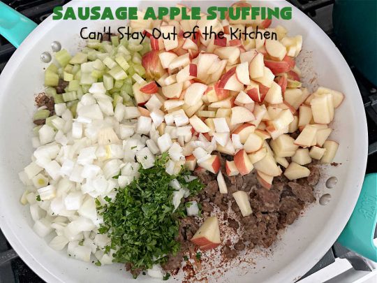 Sausage Apple Stuffing | Can't Stay Out of the Kitchen | this fantastic #stuffing #recipe is based on a #FannyFarmerCookbook recipe. It includes #sausage, #apples, #celery & it's made with a wholesome #EzekielBread. Perfect to serve with #chicken or #Turkey. #pork #Thanksgiving #Christmas #SausageAppleStuffing
