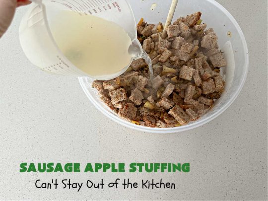 Sausage Apple Stuffing | Can't Stay Out of the Kitchen | this fantastic #stuffing #recipe is based on a #FannyFarmerCookbook recipe. It includes #sausage, #apples, #celery & it's made with a wholesome #EzekielBread. Perfect to serve with #chicken or #Turkey. #pork #Thanksgiving #Christmas #SausageAppleStuffing