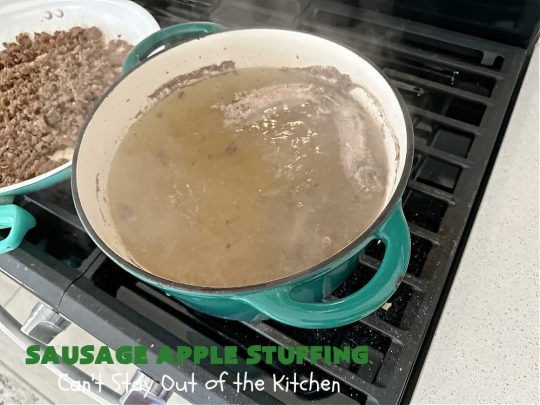 Sausage Apple Stuffing | Can't Stay Out of the Kitchen | this fantastic #stuffing #recipe is based on a #FannyFarmerCookbook recipe. It includes #sausage, #apples, #celery & it's made with a wholesome #EzekielBread. Perfect to serve with #chicken or #Turkey. #pork #Thanksgiving #Christmas #SausageAppleStuffing