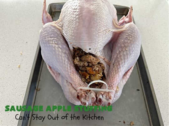 Sausage Apple Stuffing | Can't Stay Out of the Kitchen | this fantastic #stuffing #recipe is based on a #FannyFarmerCookbook recipe. It includes #sausage, #apples, #celery & it's made with a wholesome #EzekielBread. Perfect to serve with #chicken or #Turkey. #pork #Thanksgiving #Christmas #SausageAppleStuffing