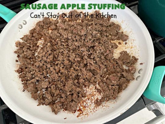 Sausage Apple Stuffing | Can't Stay Out of the Kitchen | this fantastic #stuffing #recipe is based on a #FannyFarmerCookbook recipe. It includes #sausage, #apples, #celery & it's made with a wholesome #EzekielBread. Perfect to serve with #chicken or #Turkey. #pork #Thanksgiving #Christmas #SausageAppleStuffing
